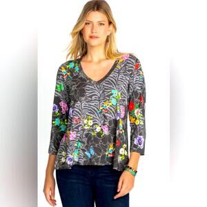 Johnny Was Favorite Zippy 3/4 Sleeve V Neck Swing Shirt Size Boho Floral Soft
